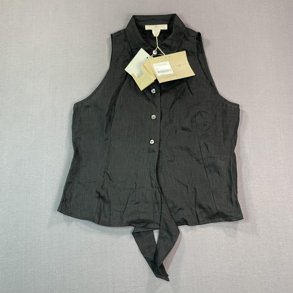 NEW Blunauta Shirt Womens 48 Black & Navy Linen Sleeveless Button Front Tie Hem - Picture 12 of 15